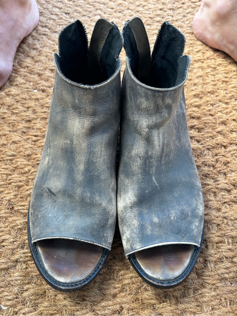 Free People Rusty Greyish Black Distressed Open-Toe Ankle Booties, size 9